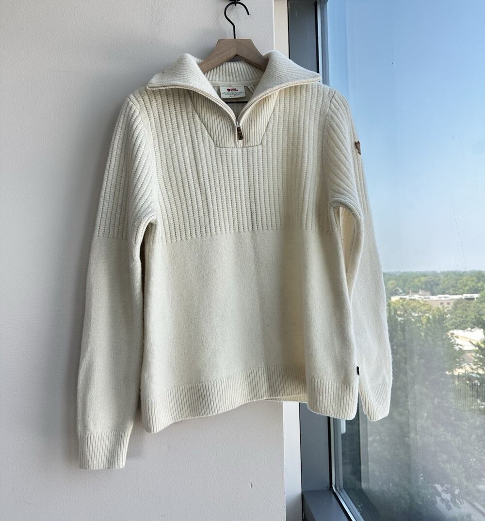 Fjällräven Ivory Solid Knit Mock Neck 1/2 Zip Wool Pullover Sweater Women's M